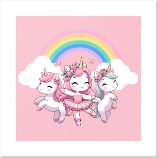 Cute Ballerina Unicorns Dancing Under A Rainbow Posters and Art